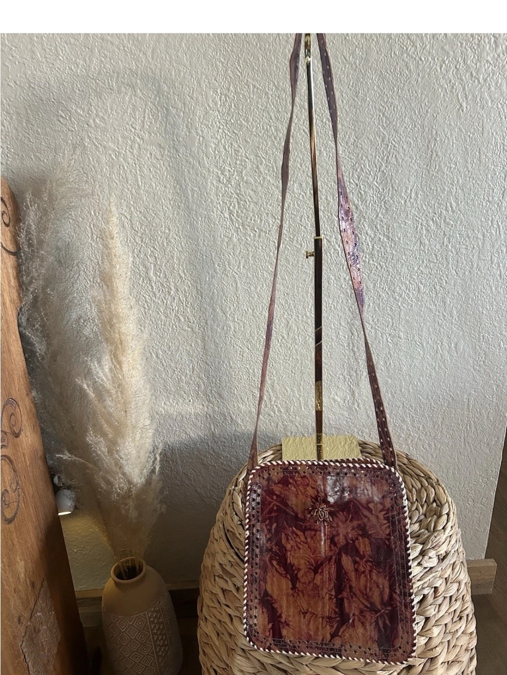 Vintage 70s Tooled Leather Crossbody Bag Boho Whipstitch Tie Dye Batik Messenger
